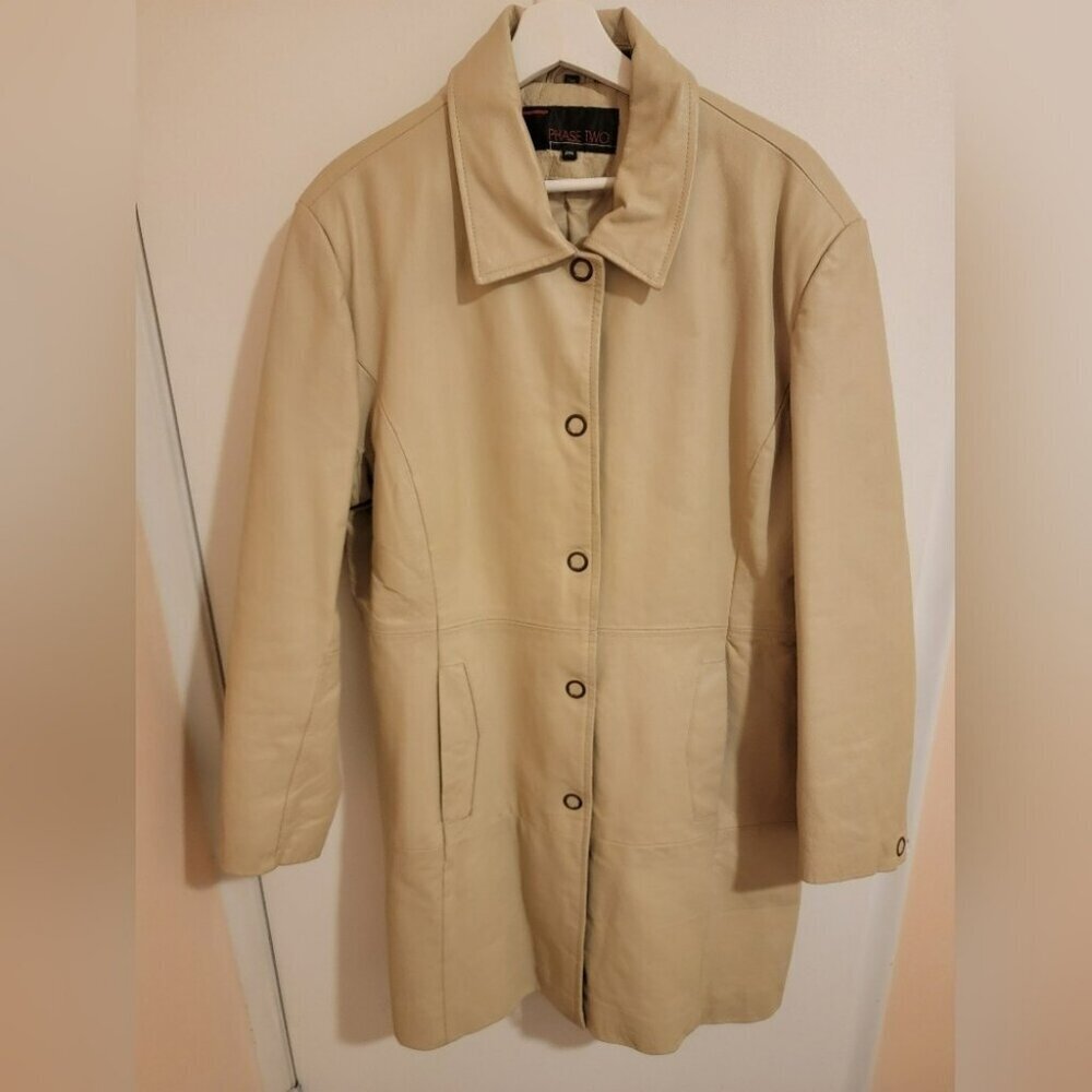 PhaseTwo Leather Jacket Womens XL Beige Snap LinedPockets Academia PreppyY2K Vtg